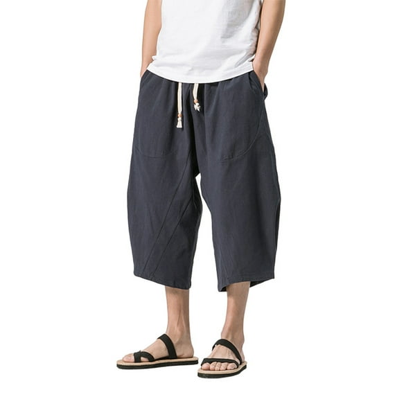 Capreze Men Capri Pants with Pockets Plus Size Linen Cotton Shorts Baggy Wide Leg Casual Yoga 3/4 Capri Shorts