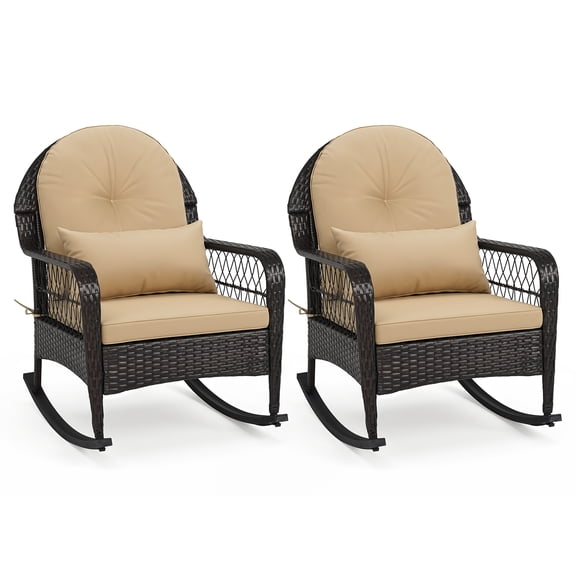 Gymax 2PCS Outdoor Wicker Rocking Chair 400 LBS Patio Rattan Rocker Chair w/ Anti-Tip Stoppers Brown