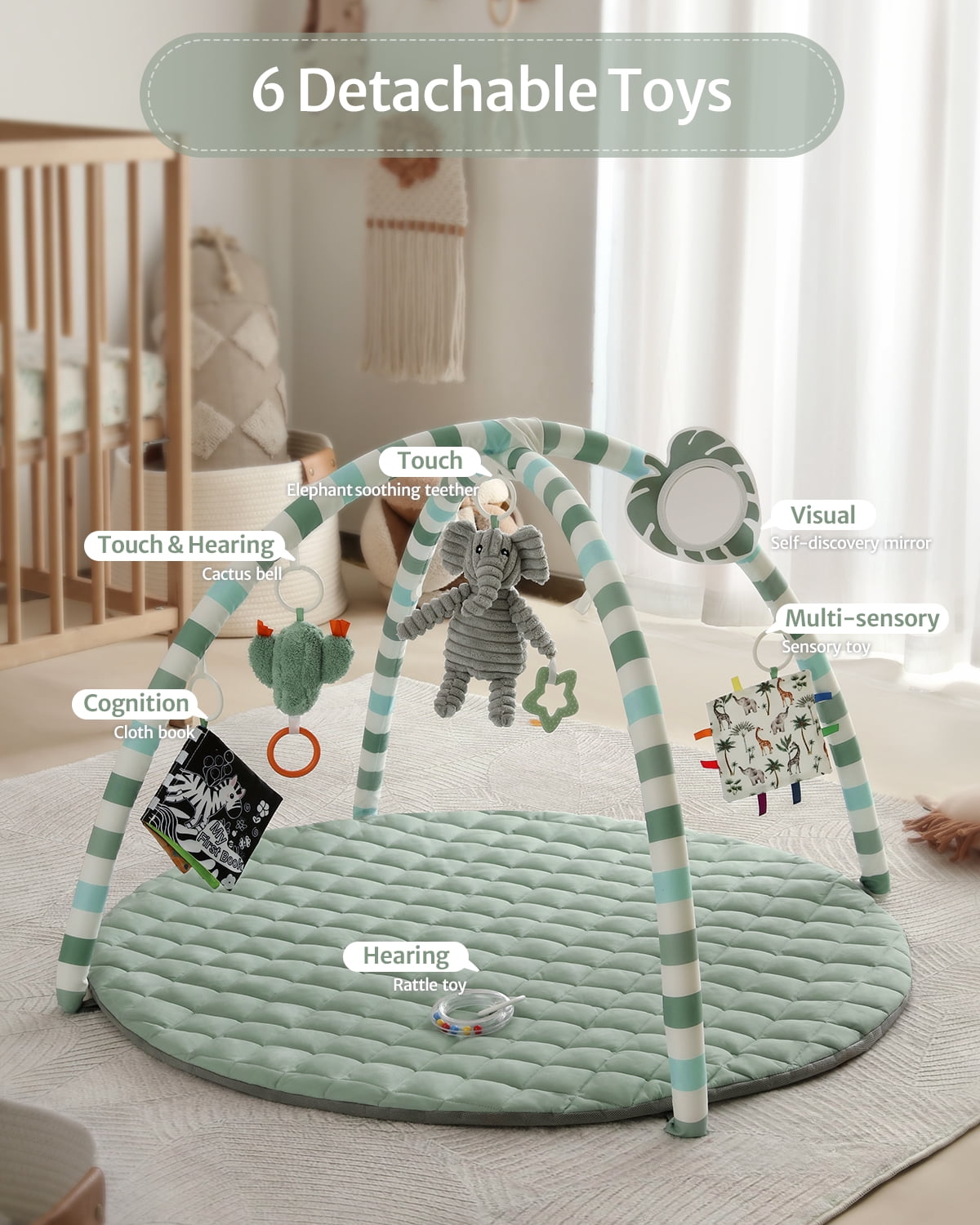 Blissful Diary Baby Play Gym Activity Mat, Tummy Time Mat Play Mat with 6 Sensory Toys for Motor Skill Development, Newborn Infant Baby Essentials Gift for Boys Girls, Sage Green