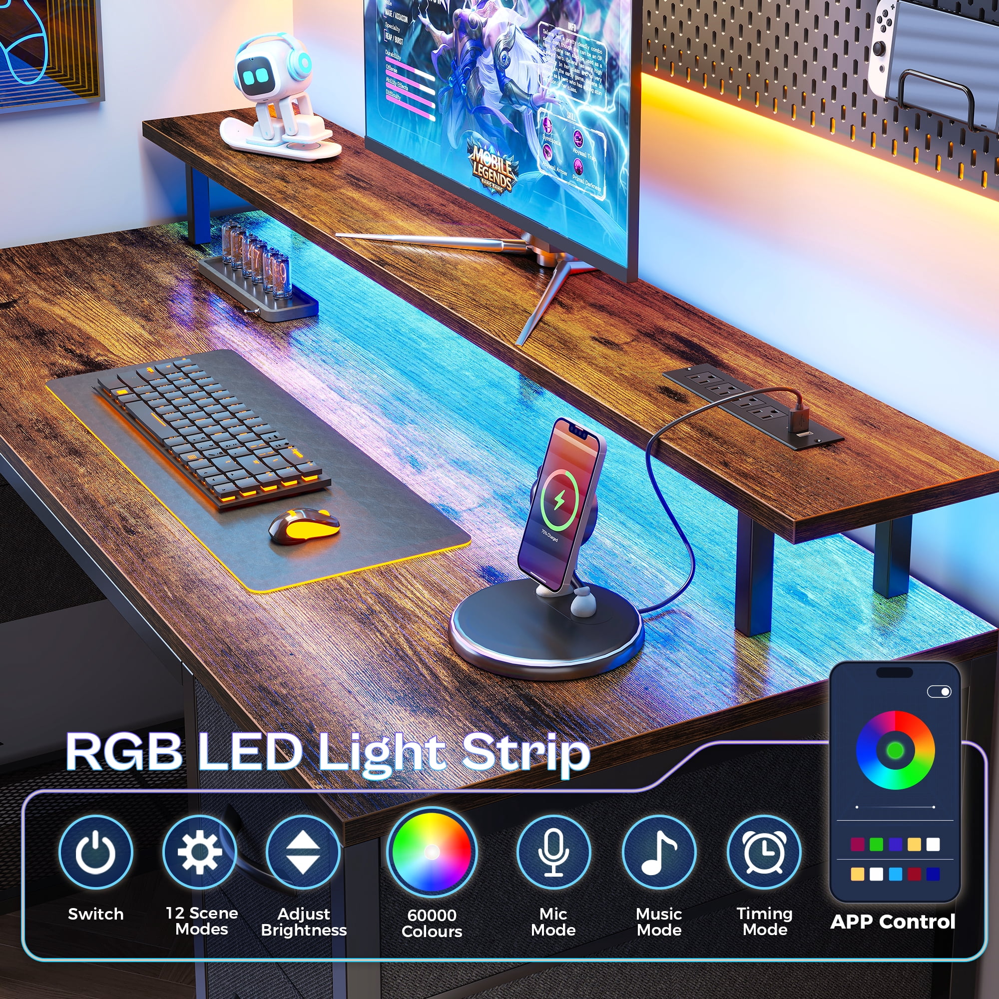 Amadwell 47" Gaming Computer Desk with LED Lights, Power Outlets, Home Office Writing Desk with 4 Drawers, Rustic Brown
