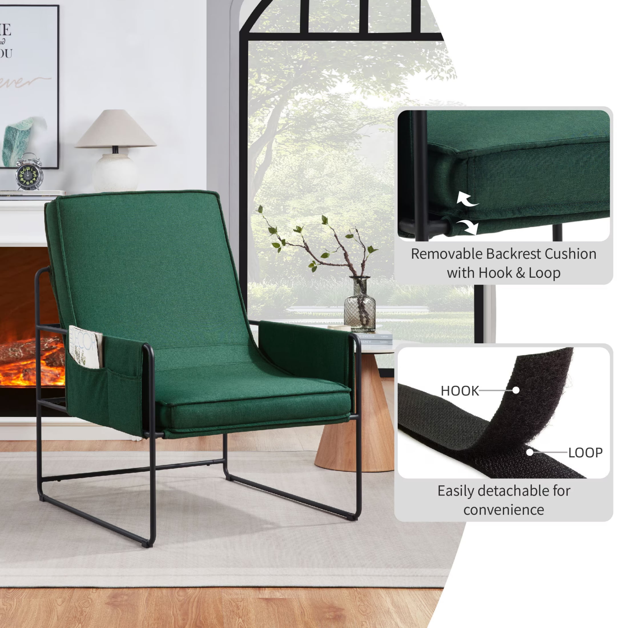 Vinform Sling Accent Chair, Modern Arm Chair with Removable Cushion, Metal Frame for Living Room, Green