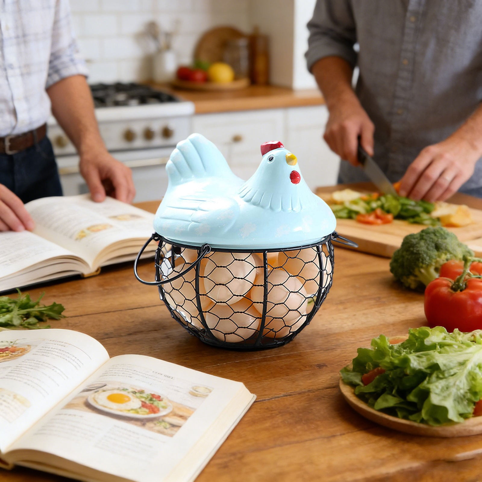 Farmhouse Egg Basket with Ceramic Lid, Black Wire Egg Holder for Fresh Eggs, Decorative Chicken Design Egg Storage Container, Kitchen Countertop Organizer Case for Eggs