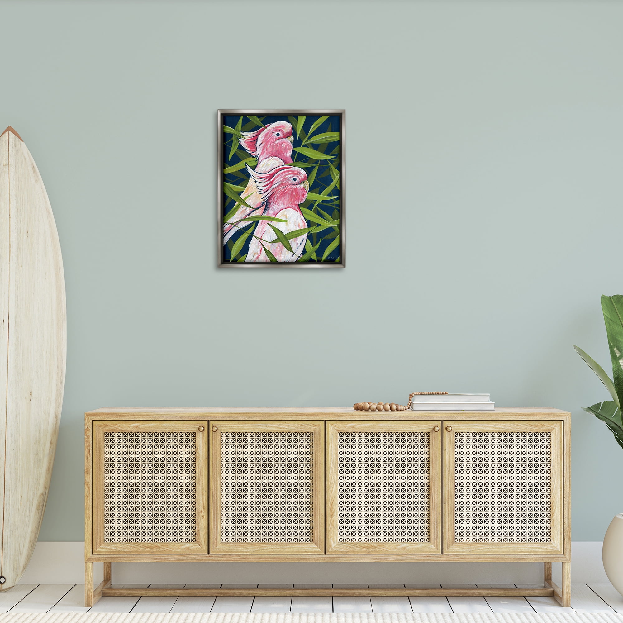 Stupell Industries Tropical Paradise Cockatoo Animals Painting Gray Floater Framed Canvas Art Print Wall Art, 25 x 31