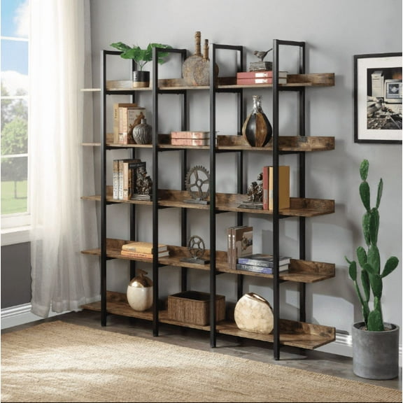 Euroco 5 Tier Bookcase Home Office Open Bookshelf, Vintage Industrial Style Shelf, MDF Board, Black Metal Frame