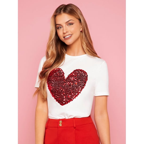 Heart-shaped sequined crew neck T-shirt, plain cotton Tee For Adult, Men, Women, Teen, Teenager, Adolescent, Youth