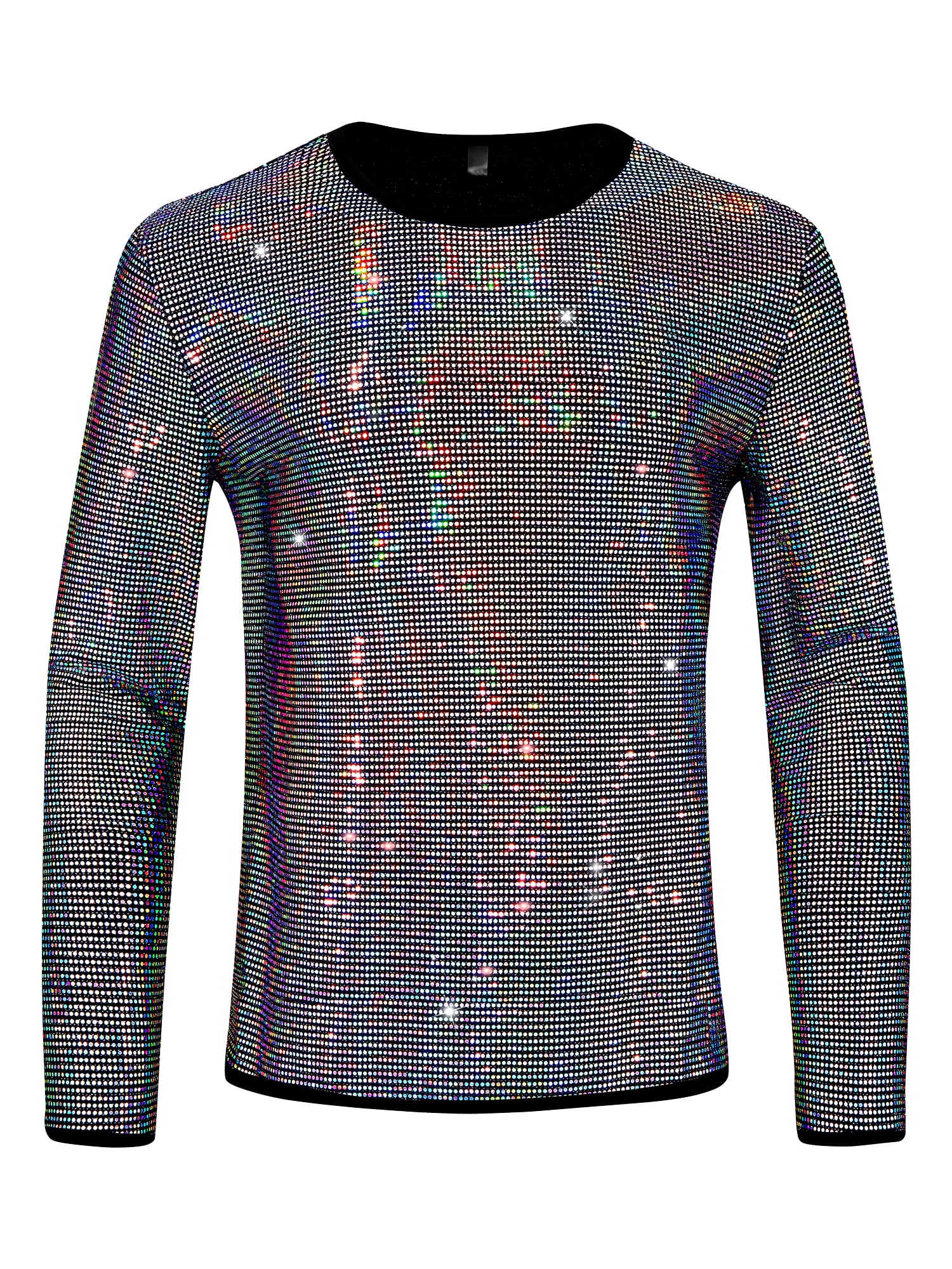 DARING DIVA Men's Sequins Crew Neck Long Sleeves Party Clubwear Sparkly T-Shirt 2XL Silver
