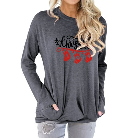 

Women Christmas Letter Printed Plant Socks Graphic Pullover with Pockets