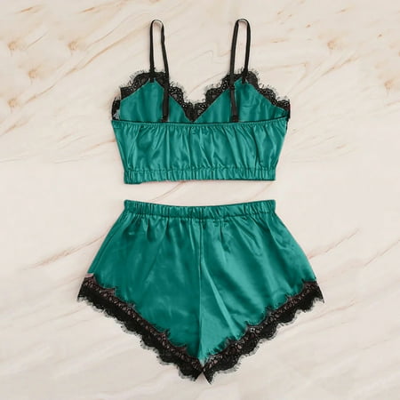 

Womens Lingerie Sleeveless Strap Lace Trim Satin Top Pajama Sets Sleepwear