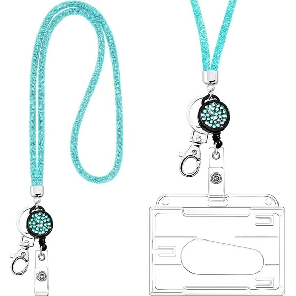 Crystal Lanyard Necklace, Clear Rhinestone Bling Keychain (Blue)