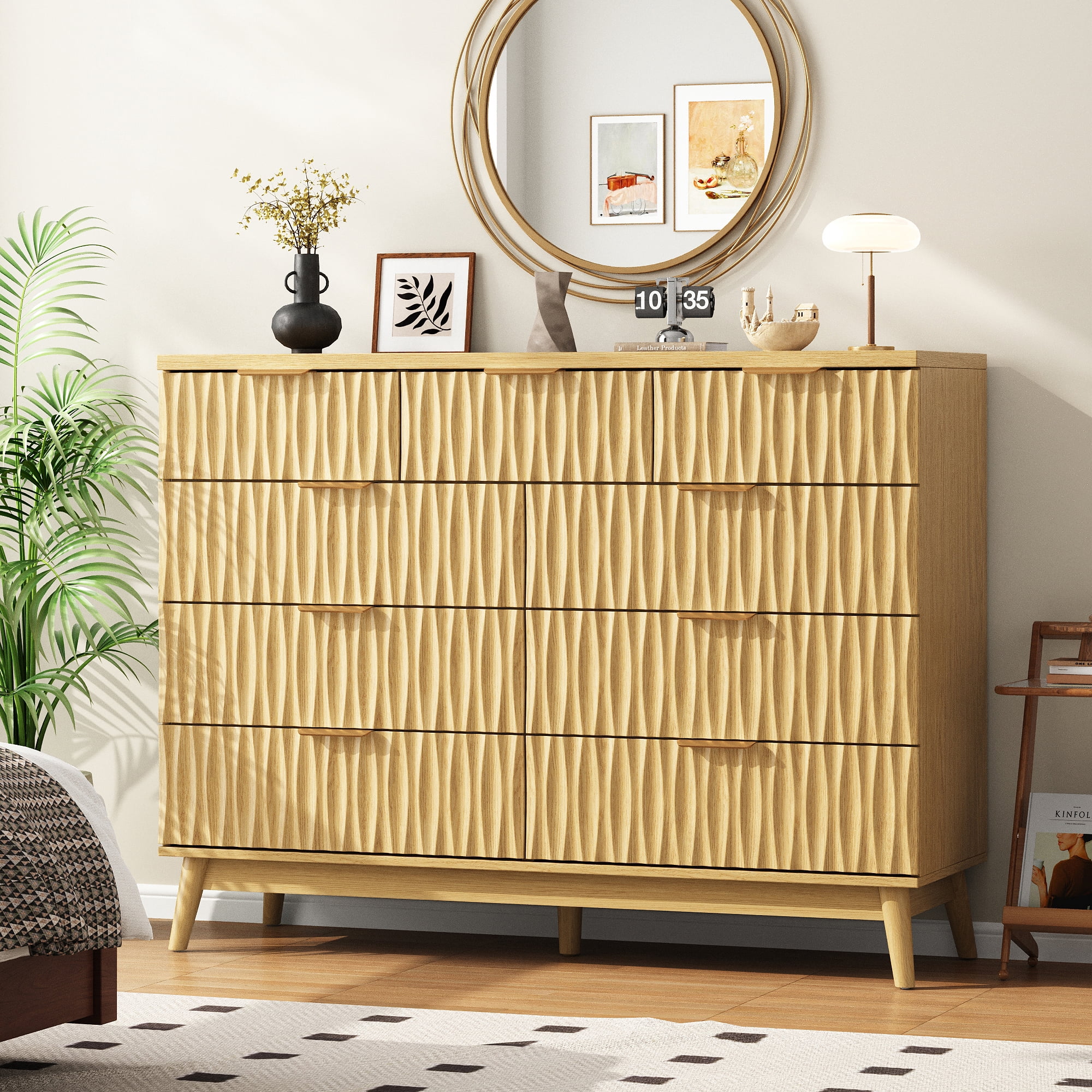 IDEALSOUL Oversized 9 Drawers Dresser for Bedroom, Wave Fluted Chest with Metal Handle, Wooden Dresser TV Stand, Wood Closet Clothes Storage Organizer for Living Room