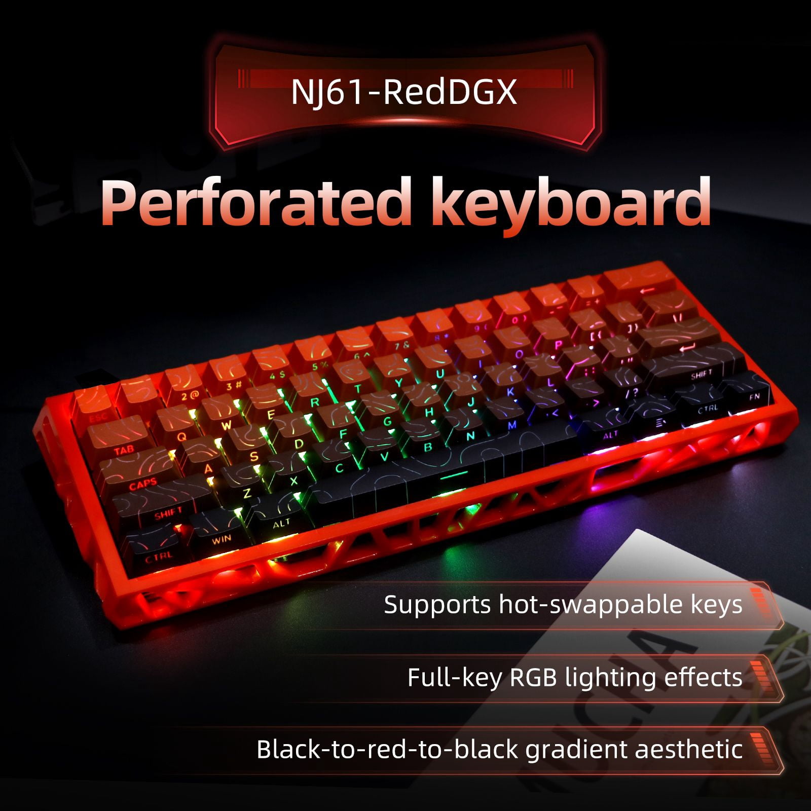 61 Keys Mechanical Keyboard, 60% Layout, Hollow Shell in 6 Colors, RGB Backlit, Full N-Key Rollover, Hot-Swappable Linear Red Switch, Backlit PBT Keycaps