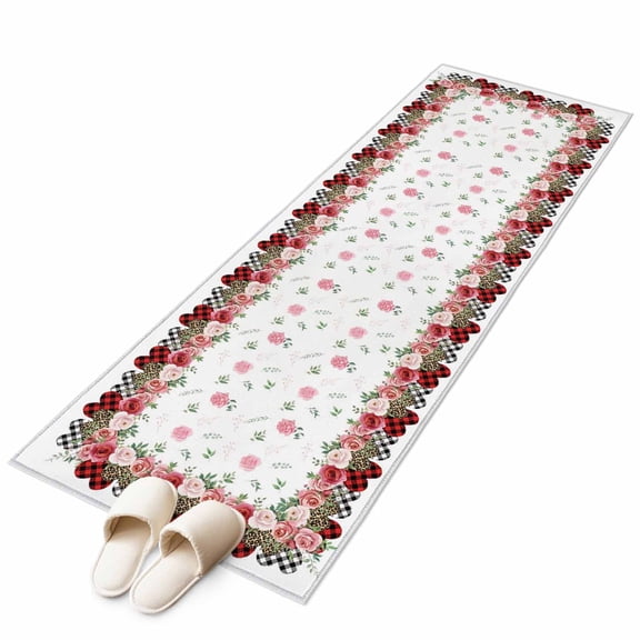 Valentine's Day Washable Area Rug 2 x 6 ft Romantic Pink Red Roses Leaves Plaid Heart, Soft Non Slip Rugs Stain Repellent Indoor Felt Carpet for Living Dining Room Bedroom Home Office