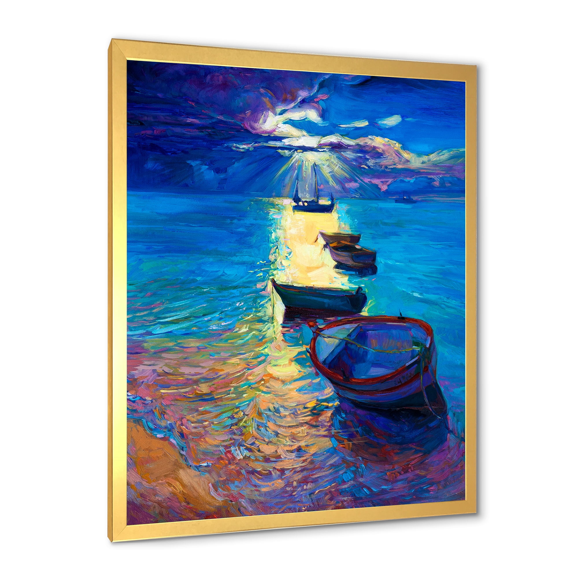 Designart 'Fishing Boats On The Water With Dark Blue Sky Illustration' Lake House Framed Art Print