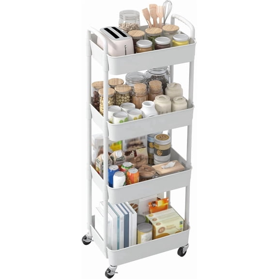 Movable Storage Organizer on Wheels 4 Tier Plastic Rolling Cart with Handle for Kitchen Living Room Office White
