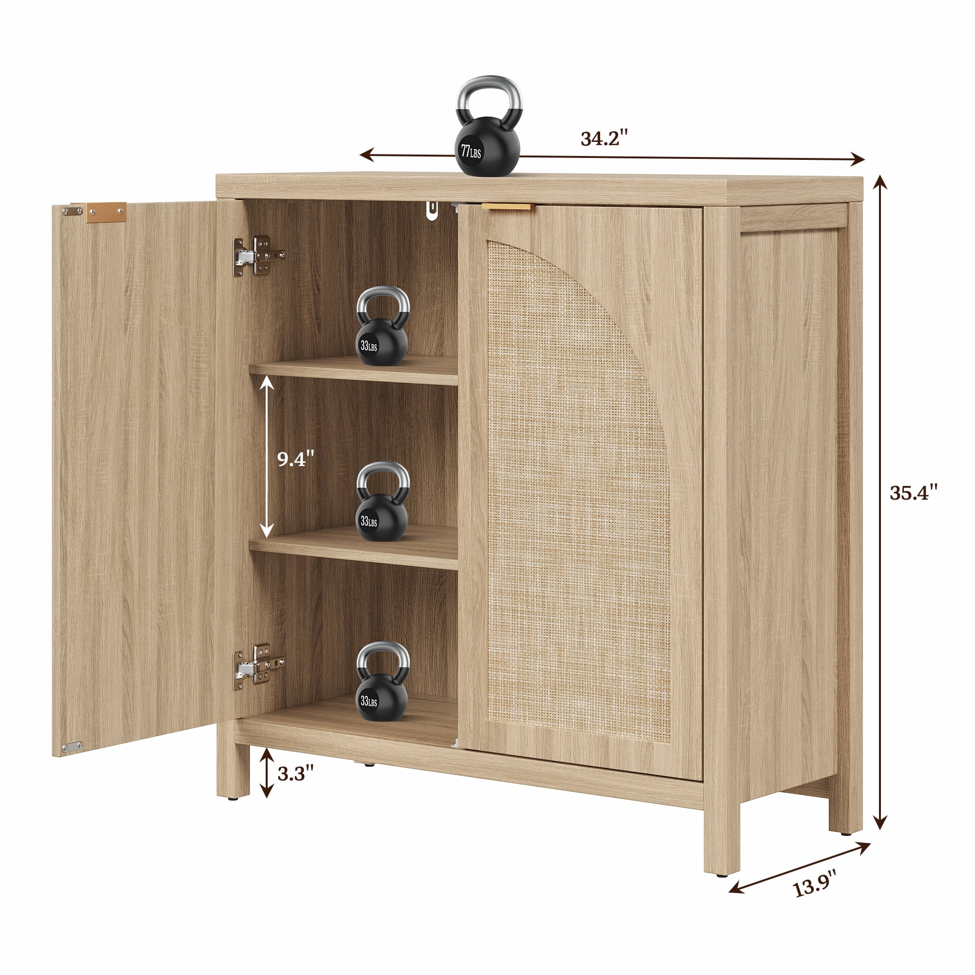 SICOTAS 34.2 Inch Wide Kitchen Pantry Cabinet with 2 Arch Rattan Doors, Rattan Buffet Cabinet with Adjustable Shelves for Kitchen Storage, Freestanding Organizer Sideboard Light Oak