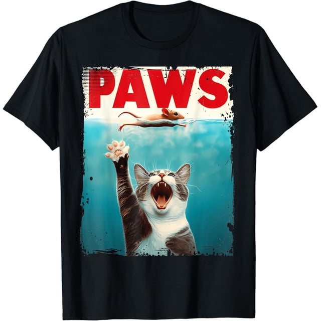 Paws - Camiseta de ratón, parodia, gato, tiburón, persecución, ratón, gatito