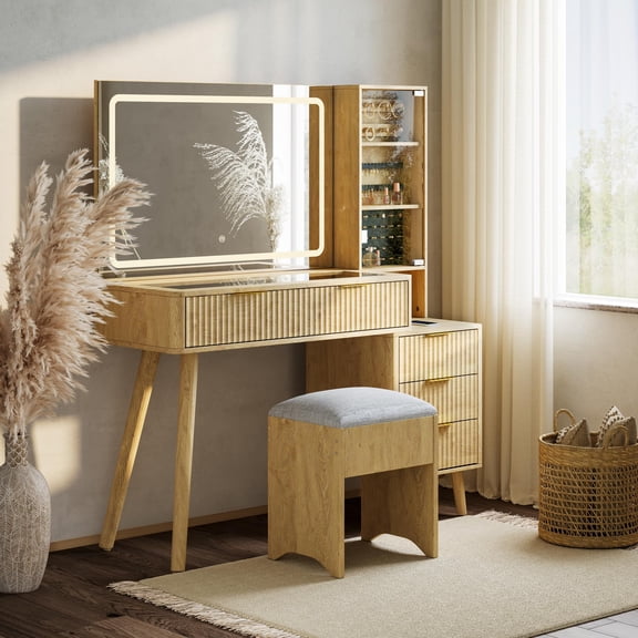 Vanity Desk, Makeup Vanity with Lighted Mirror & Charging Station - Glass Top Dressing Table, Cushioned Storage Stool for Bedroom