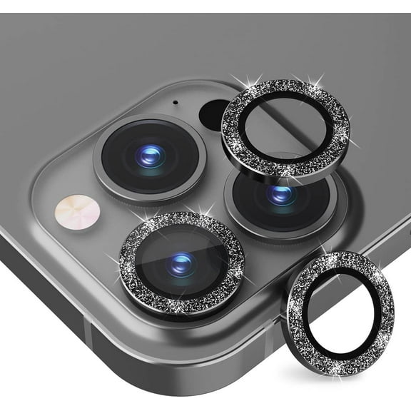 For Apple iPhone 14 Pro / iPhone 14 Pro Max Bling Bling Ring Crystal Tempered Glass Camera Len Protector Cover Black