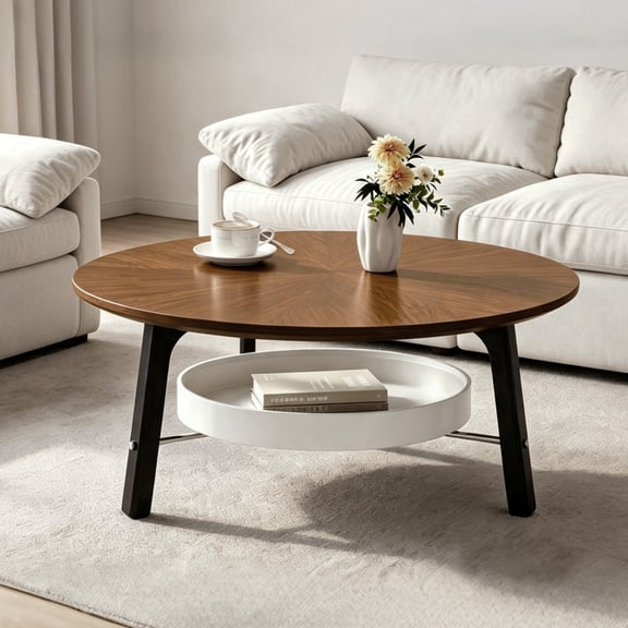 CasaBloom 35" Mid-Century Round Coffee Tables for Living Room Modern 2-Tiers Storage Shelf Coffee Table Wood Center Table for Small Space