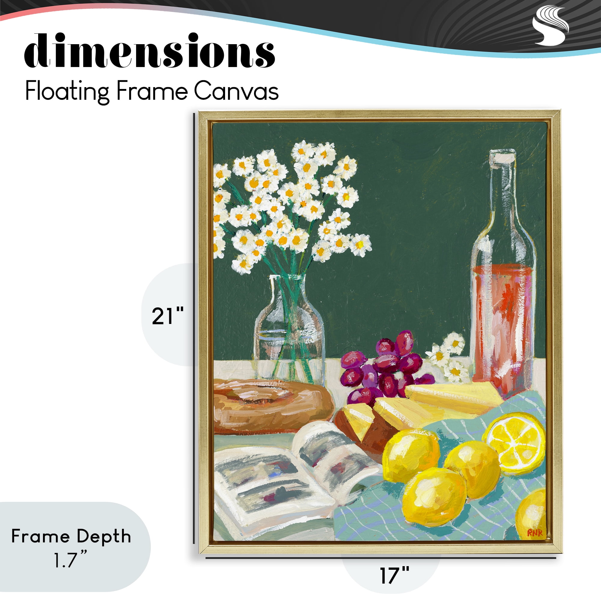 Stupell Industries Cheese, Wine and Lemon Still Life Gold Framed Floater Canvas Wall Art, design by Rachael Reese