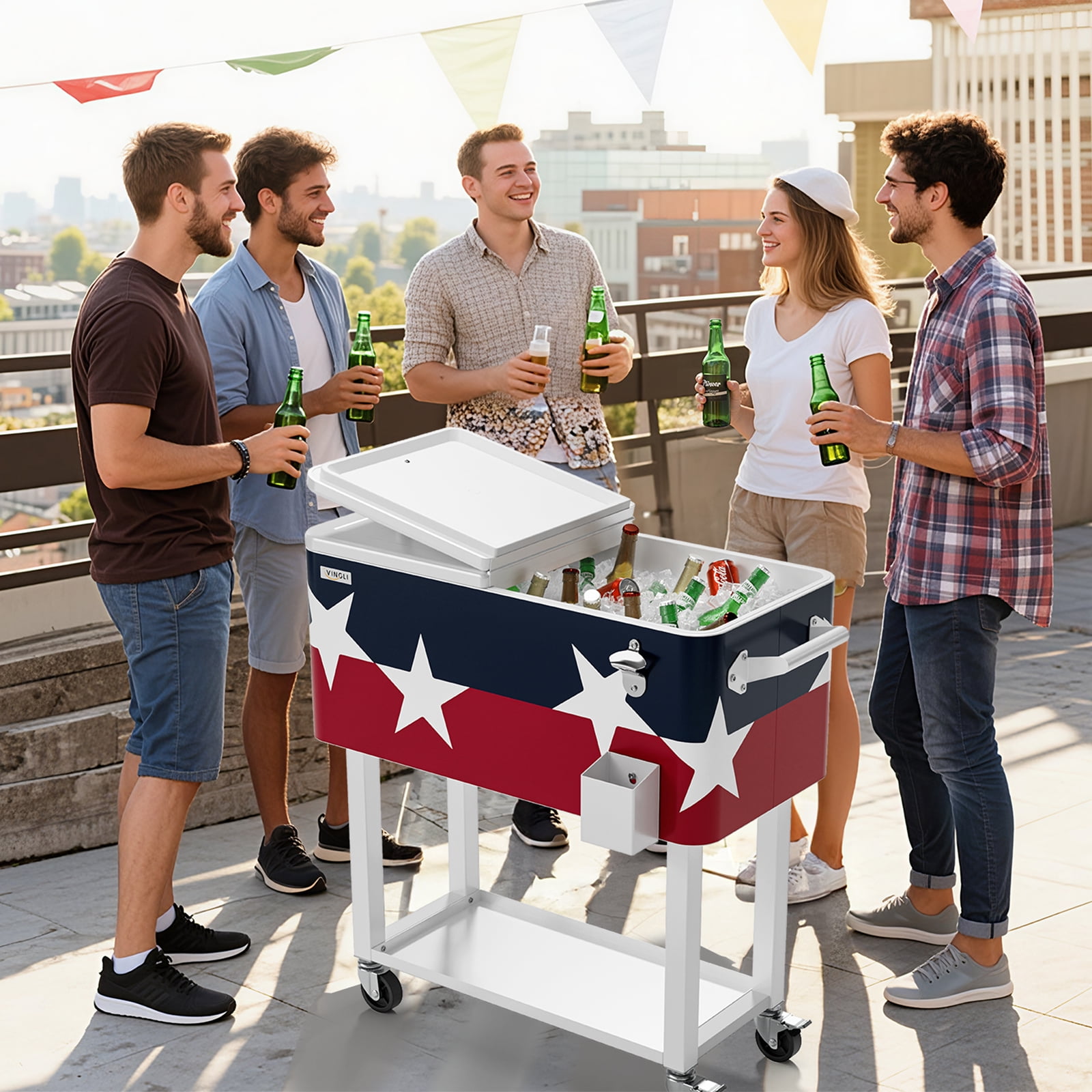 Ktaxon 80 Qt Rolling Ice Chest Cooler Cart Outdoor Trolley with Storage Shelf, Bottle Opener & Cap Collector for 48 Hour Cold Drinks, Large Five-pointed Star