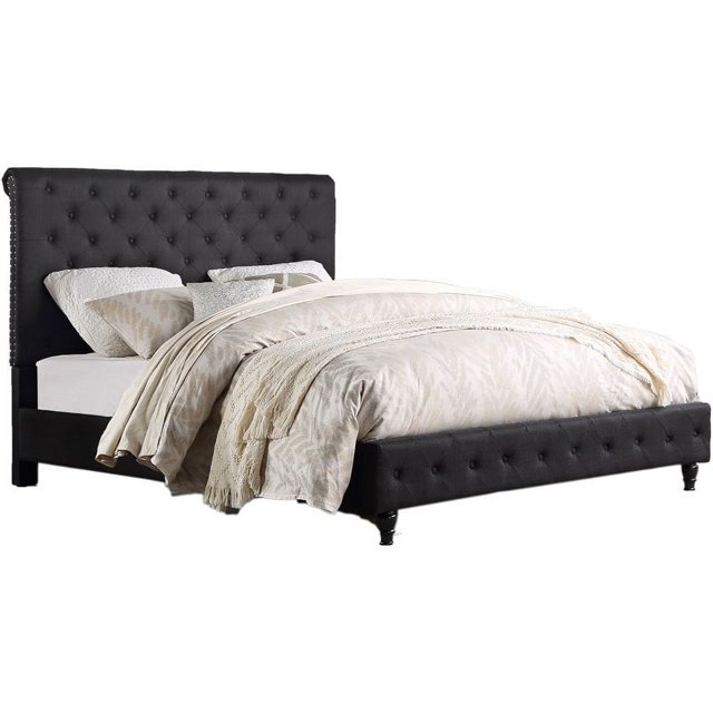 Best Master Furniture Ashley Tufted Transitional Linen Fabric Queen Bed in Black