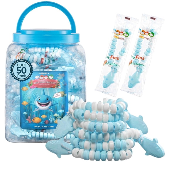 50 Shark Candy Bracelets, Cool Blue Candy for Under the Sea and Baby Shark Party Favors, Decorations and Goody Bag Fillers, Individually Wrapped In a Convenient Display Tub, Pack of 50, By 4YoreElves