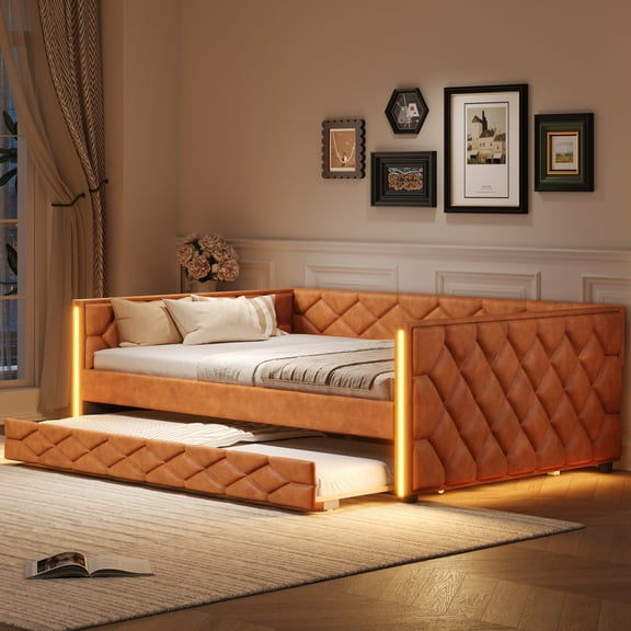 Harper & Bright Designs Full XL Size PU Leather Day Bed Frame with Trundle and LED, Upholstered Daybed with LED Armrests, Sofa Bed for Bedroom Living Room, Brown