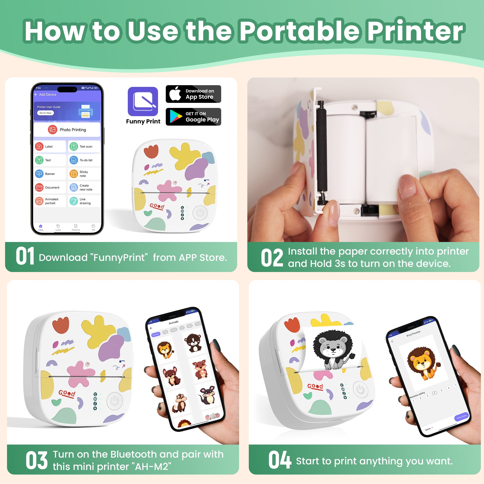 Mini Portable Sticker Printer XenGro, Mini Thermal Printer with 4 Rolls Paper, Bluetooth Inkless Printpods, Pocket Label Maker Suitable for Creative Kids DIY, Diaries, Photos, Study Notes