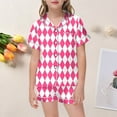 thumbnail image 2 of Aocisk Sleepwear Kids Childrens Fashionable Rhombus Print Button Down Lapel Short Sleeve Top Shorts Pajama Set for Kids 2 13 Years Girls Pajama Set Pink 10-11 Years, 2 of 4