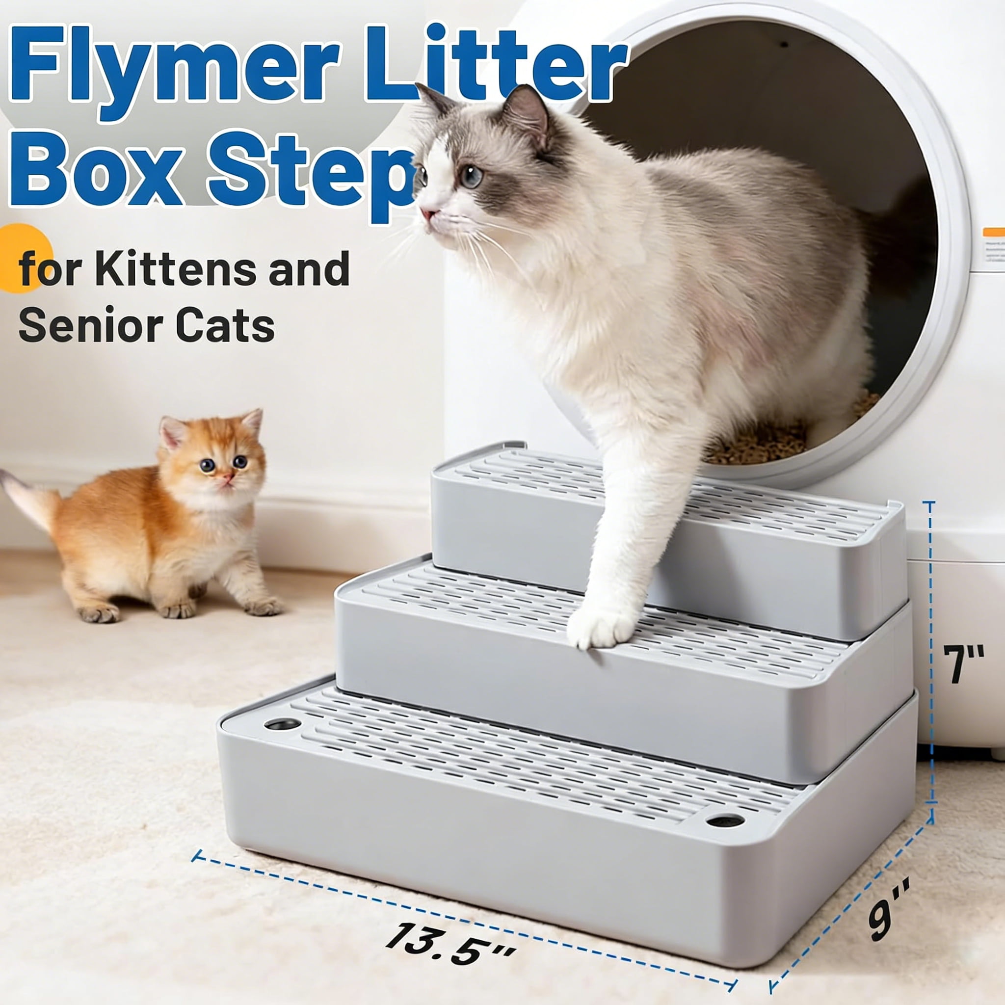 Flymer Adjustable Litter Box Step,3-Step Litter Catcher Tray Stool for Auto Litters Robots,Litter Box Ramp Mat for Kittens and Senior Cats