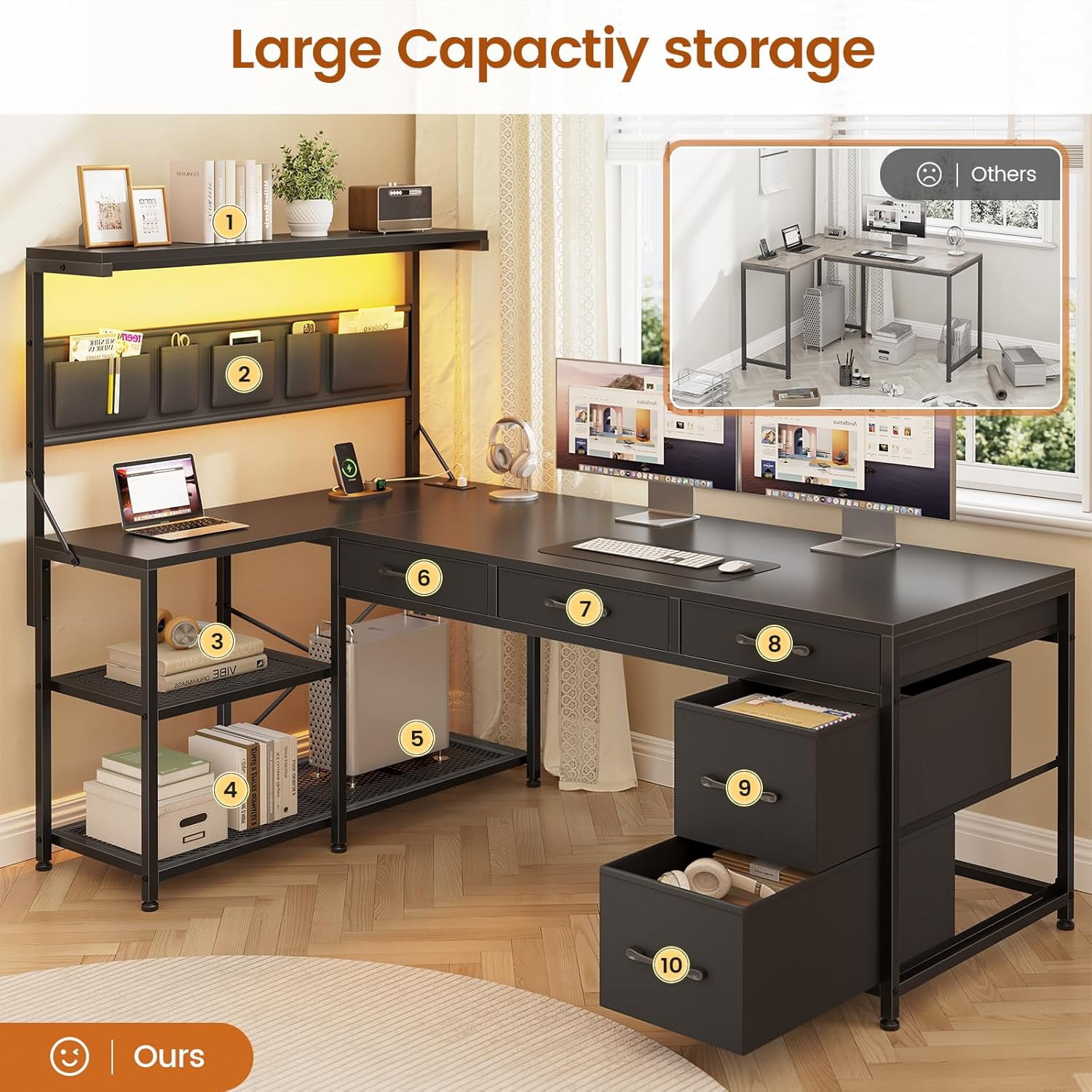 47" L Shaped Desk with 5 Drawers & Hutch, Reversible Gaming Desk with LED Lights & Outlets, Computer Desk with Open Shelves & Storage Bag for CPU, Books etc for Home Office, Space Saving, Black