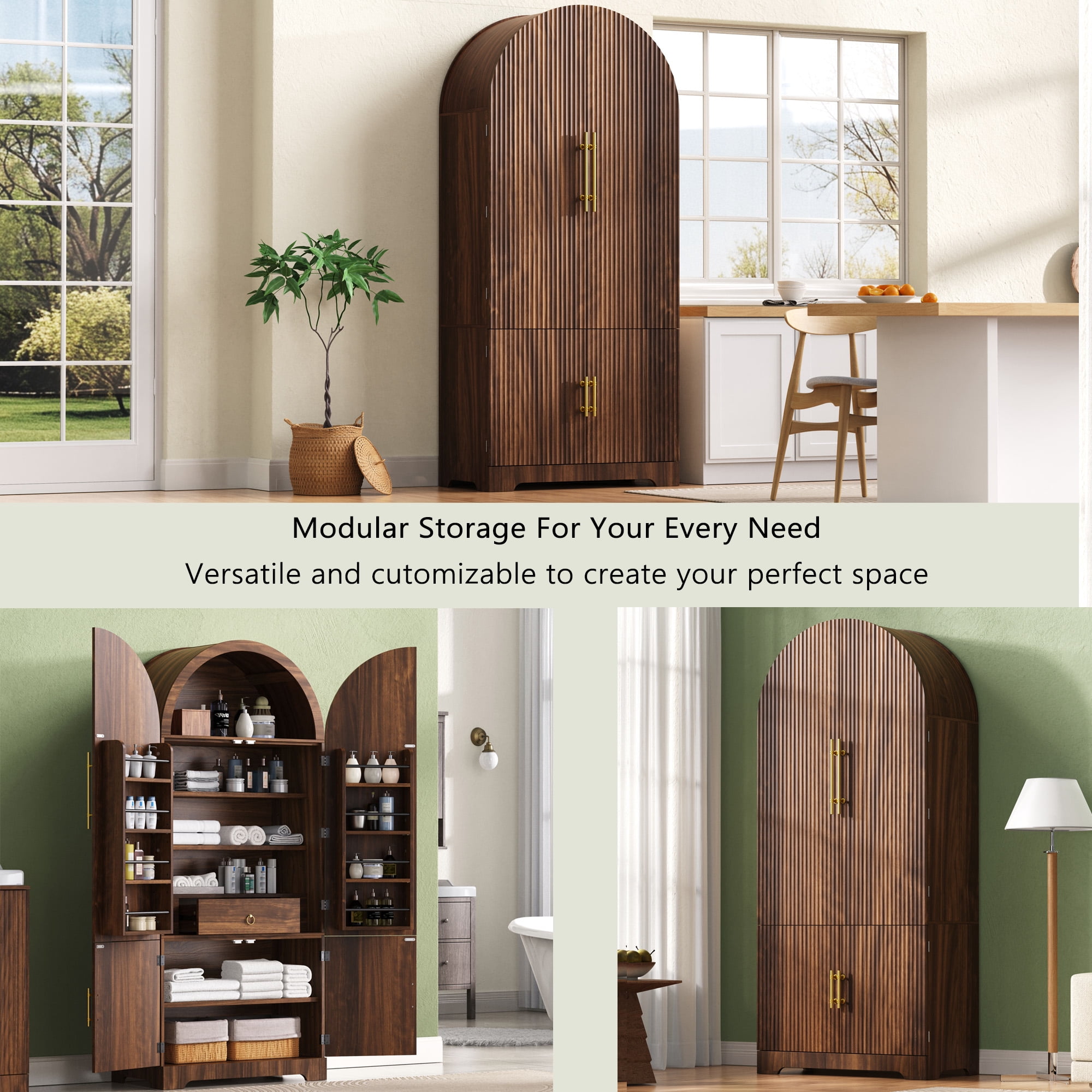 Homy Casa 72" Arched Kitchen Pantry Cabinet with 8 Door Shelves and Hidden Drawer, Walnut