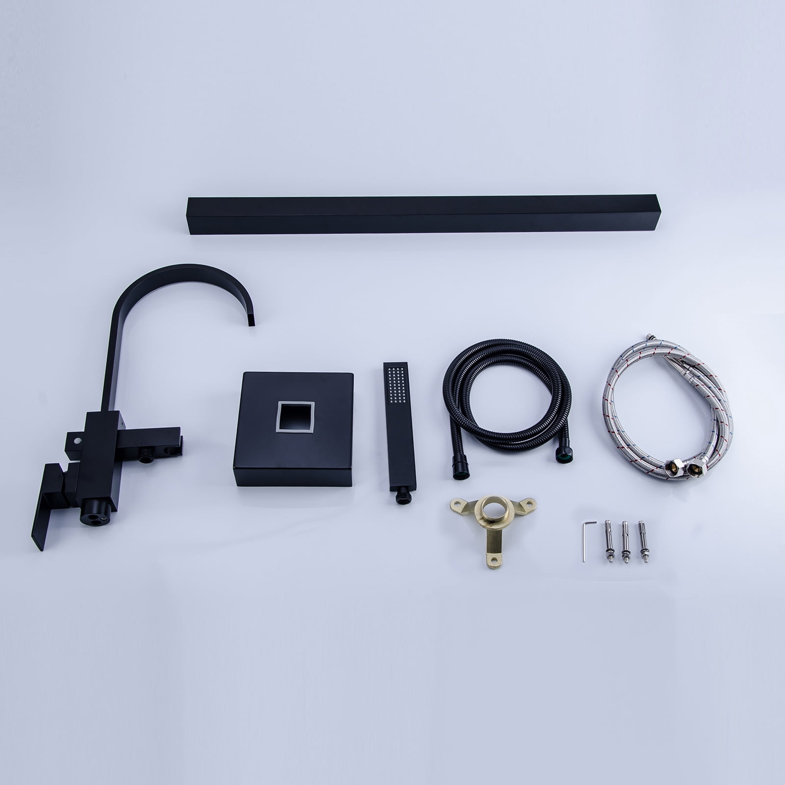 BWE Waterfall Spout Freestanding Floor Mounted Bathtub Faucet with Hand Shower Single Handle Bathroom Faucet with Handheld Sprayer in Matte Black Floor Mount Tub Filler Leadless Solid Brass