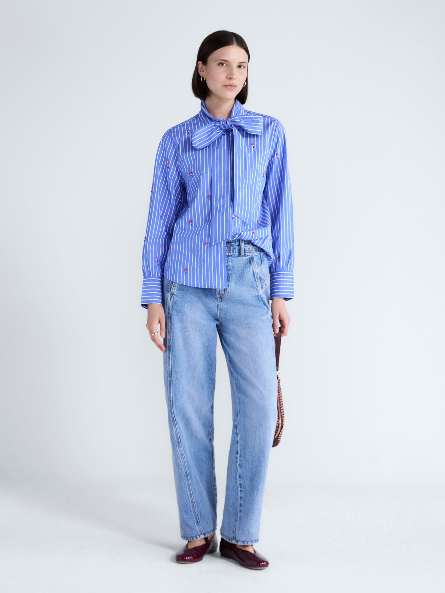 Free Assembly Women's and Women's Plus Beaded Tie Neck Cotton Shirt with Long Sleeves, Sizes XS-4X