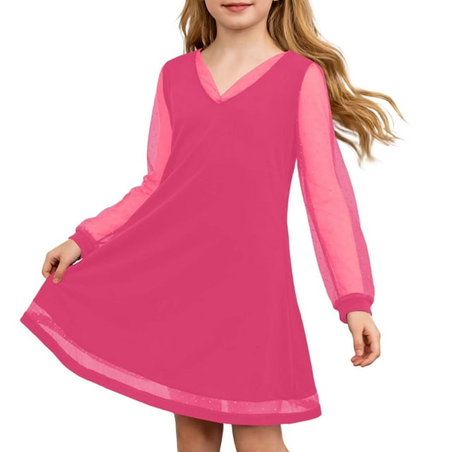 HXWCHs Robe Décontractée pour Filles Robe à Manches Longues Col en V pour Fête Robe de Performance Élégante Tenue Formelle pour Rose Vif 9-10 Ans