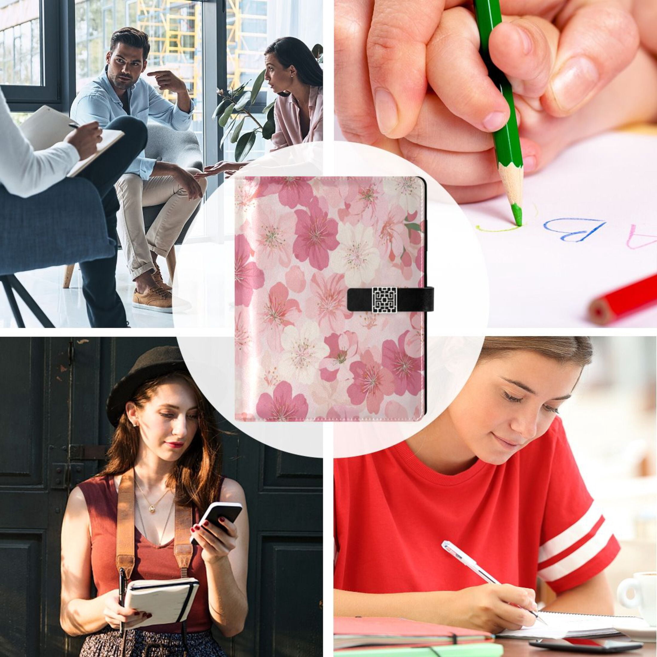 Leather Planner Leather Notebook Notebook Journal Binder Design Pen Pocket Design Convenient for Storage Light Pink Flowers on Cloth