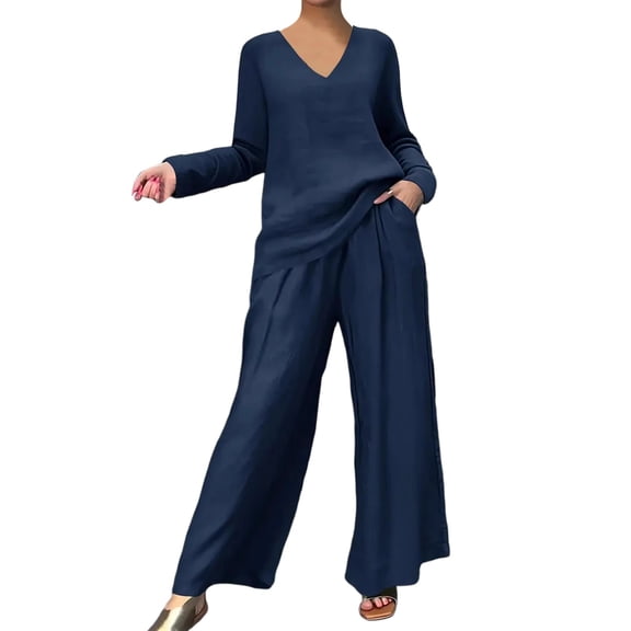 Guluxicc 2 Piece Womens Lounge Sets V Neck Long Sleeve Loose Fit Top and High Waist Wide Leg Pants with Pockets Matching Sets Lounge Wear