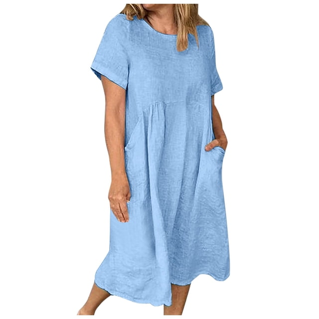 GYUJNB Robe Maxi d'Été en Coton et Lin pour Femmes Manches Courtes Col Rond Longue Coupe Décontractée avec Poches