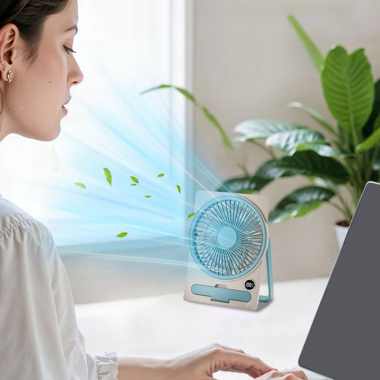 Yhmxh Small Desk Fan, 5 Speeds Adjustable Quiet Portable Rechargeable USB Fan With Digital Display, 180° Summer Wall-Mounted Fans for Home Office Kitchen Travel Outdoor (Blue)
