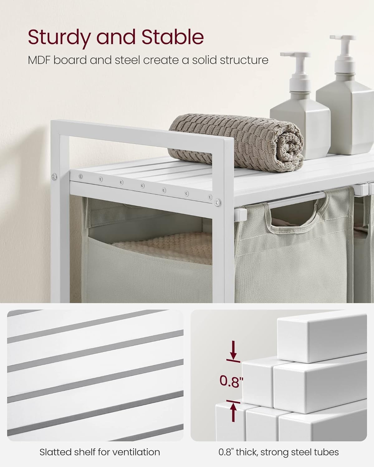 3 Section Laundry Hamper with shelf Laundry Sorter with 3 Pull-Out and Removable Bags for Bathroom Laundry Room White