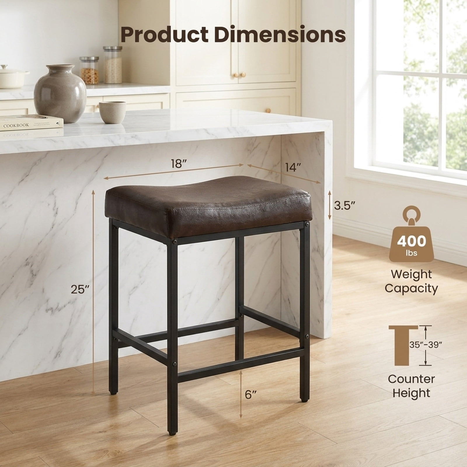 Furnibear Set of 2 25 Inch Counter Height Bar Chairs for Kitchen Island for Kitchen Island Counter Bar Pub Dining Home, Brown