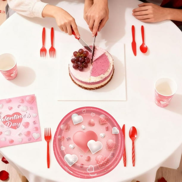 Lekihaqq Valentine's Day Party Plates Disposable Dinnerware Heart Themed Tableware Heavy Duty Paper Plates for Birthday Party Decorations Festive Celebration Supplies