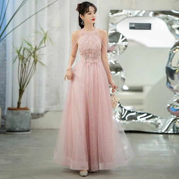 N150 vestidos de celebridades con cuello Halter personalizados vestidos de noche dulce recuerdo elegante caqui rosa neblina azul vestido de fiesta con cuentas