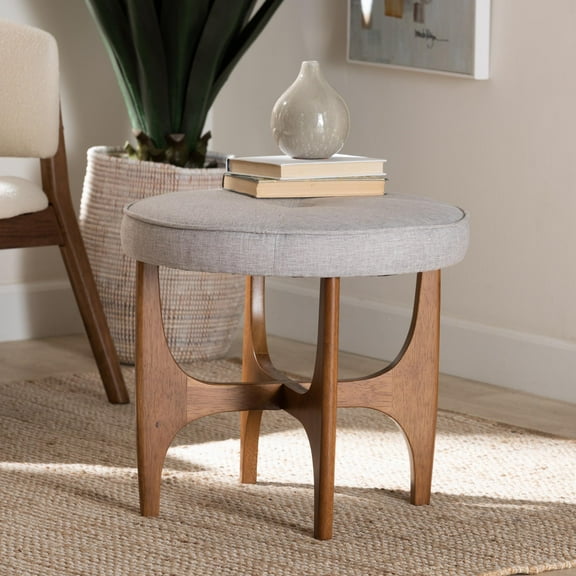 Baxton Studio Theo Japandi Greyish Beige Fabric and Walnut Brown Finished Wood Ottoman Footstool