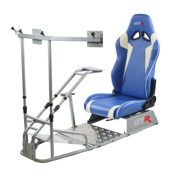 GTR Simulator GTSF Model Racing Simulator Cockpit Silver Frame with Blue/White Seat