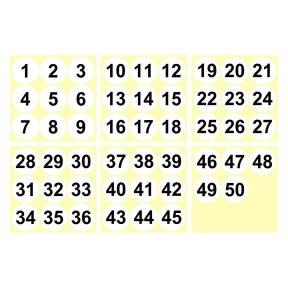 1 to 50 Number Stickers 2 Inch, Vinyl Round Labels for Inventory, White