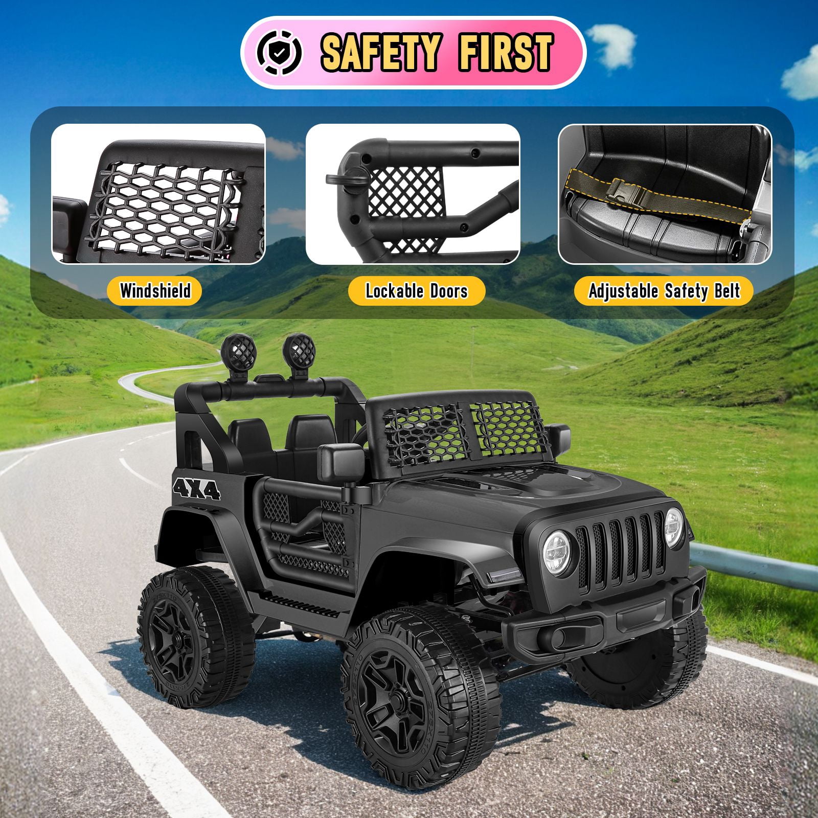 Funcid 12V 7AH Kids Powered Ride on Truck Car with Parent Remote Control, Bluetooth Music, Spring Suspension, LED Lights - Black