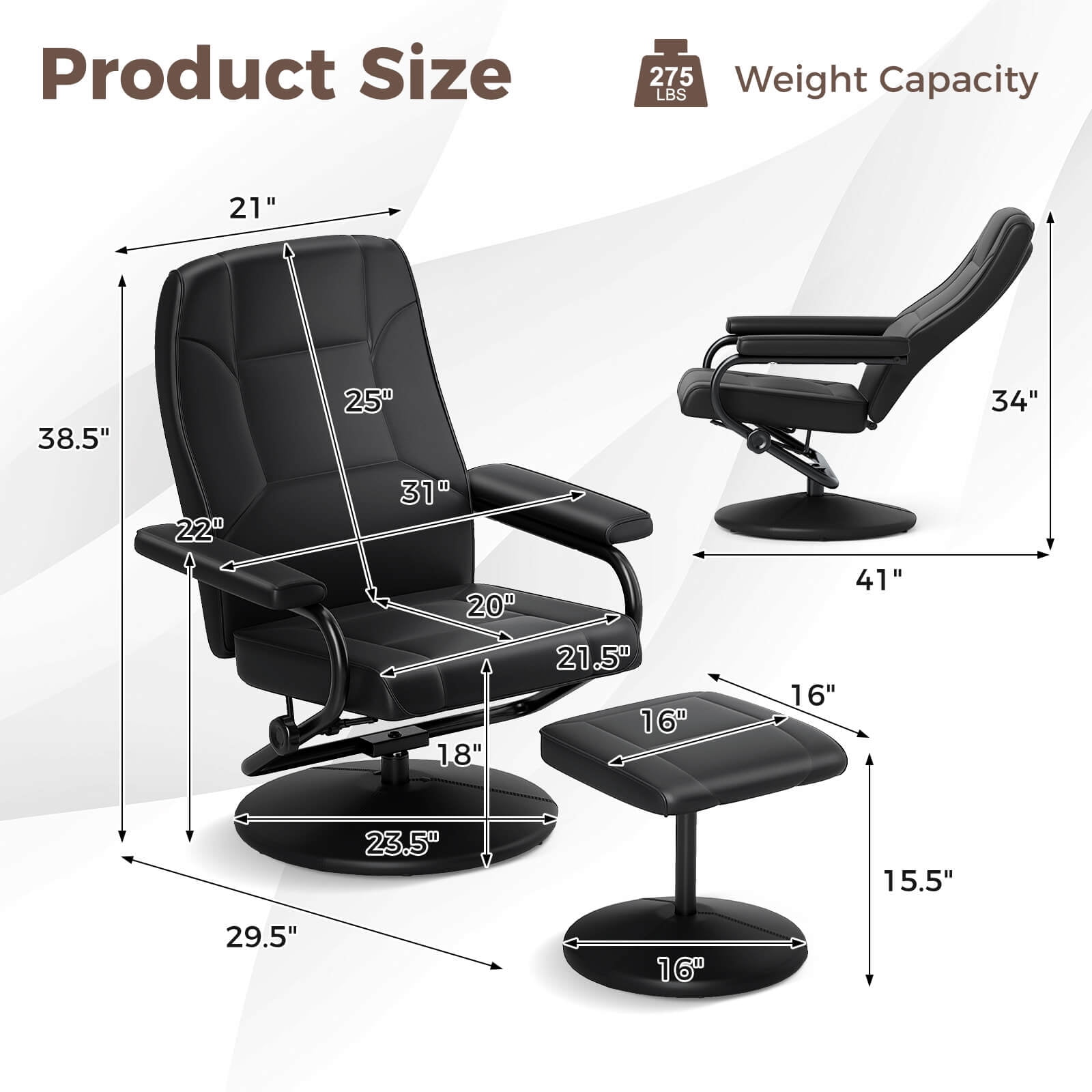 Costway Reclining Chair with Ottoman Lounge Accent Armchair Padded Seat Footrest Black