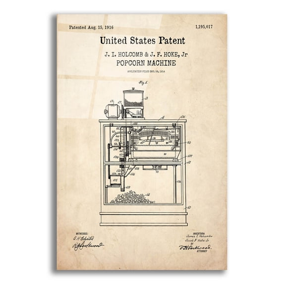 Epic Art 'Popcorn Machine Blueprint Patent Parchment,' Acrylic Glass Wall Art, 12"x16"